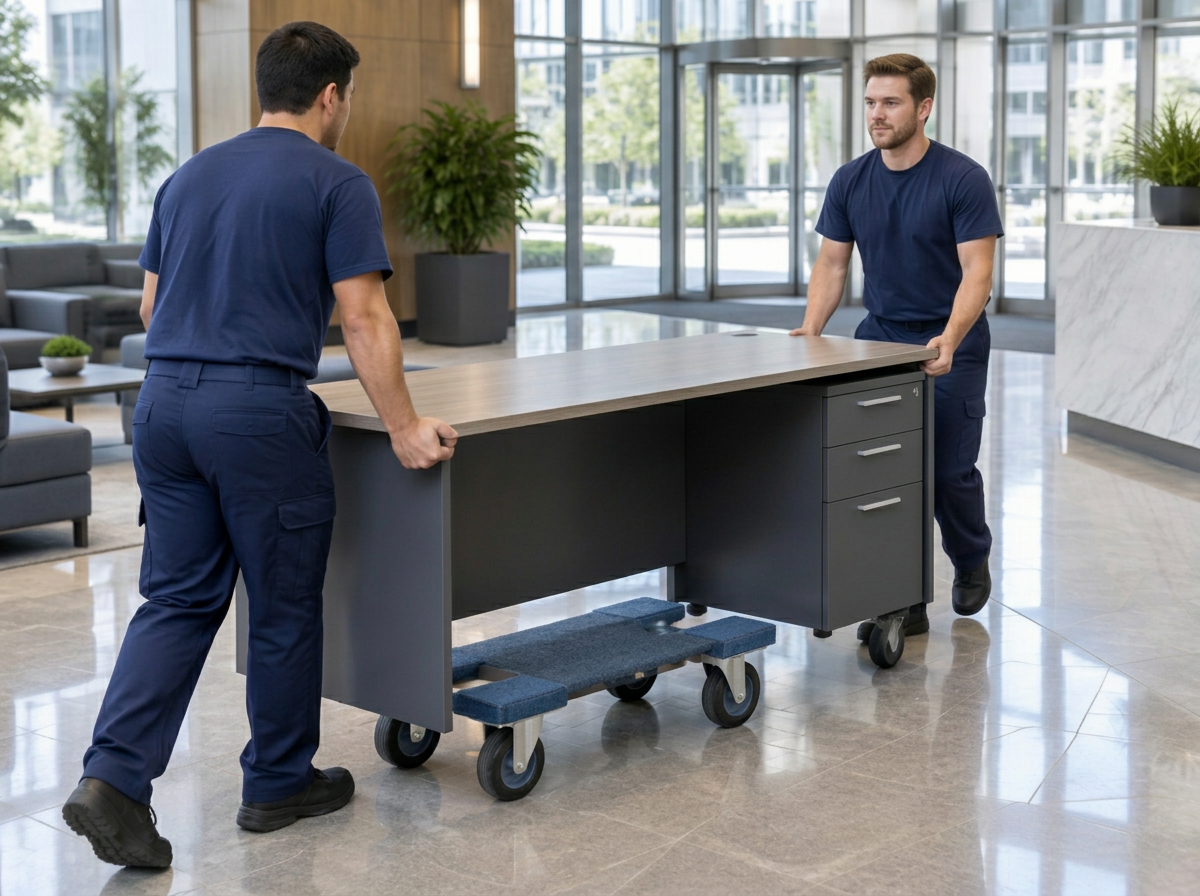 Honest Moving Dallas crew moving office furniture through a commercial lobby