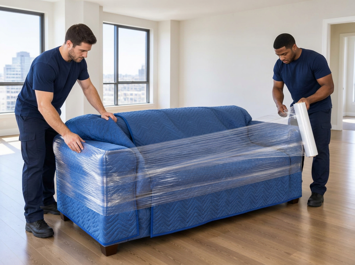 Movers wrapping a sofa in protective moving blankets before loading